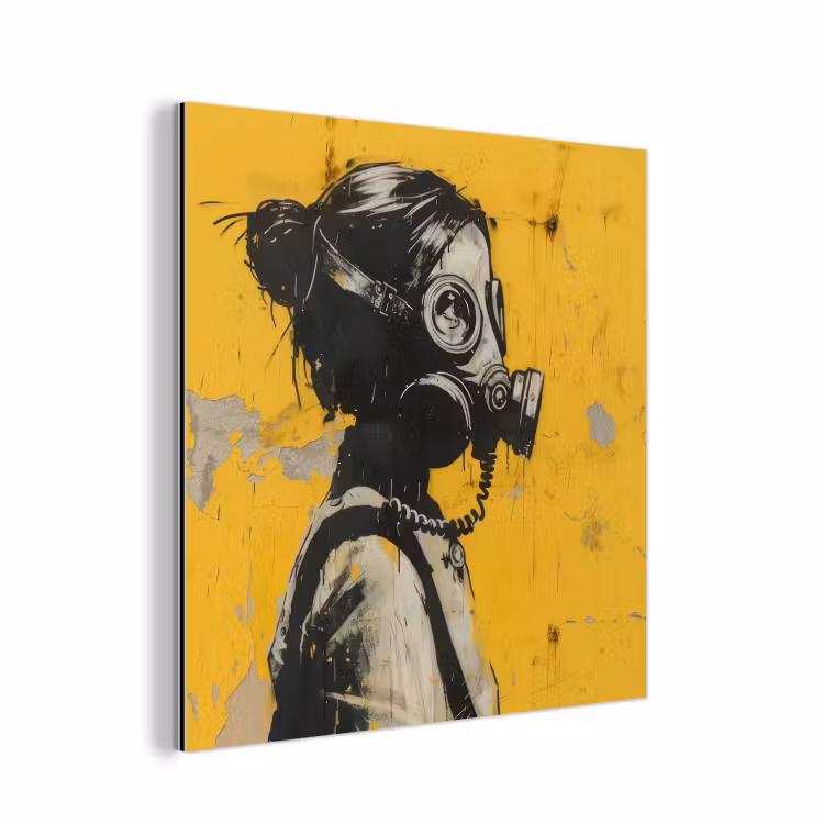 Vintage - Street art - Meisje - Masker - Geel - Banksy aluminium wit klein -3d