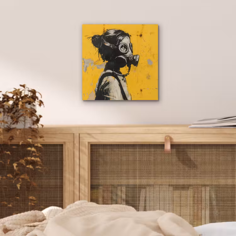 Vintage - Street art - Meisje - Masker - Geel - Banksy aluminium wit klein -sfeer3