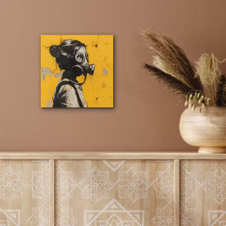 Vintage - Street art - Meisje - Masker - Geel - Banksy aluminium wit klein -sfeer4