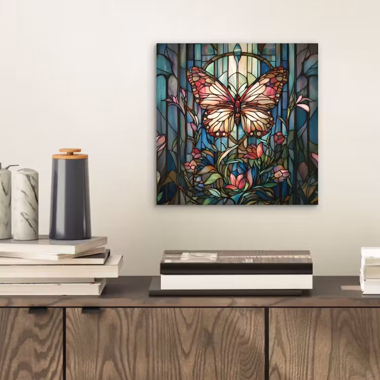 Vlinder - Roze - Bloemen - Bladeren aluminium wit klein -sfeer1