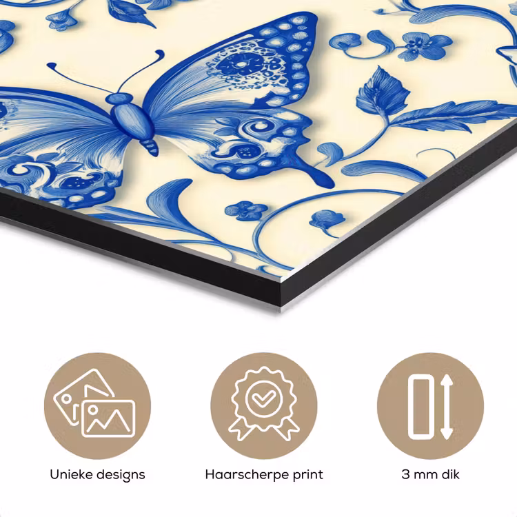 Vlinders - Bloemen - Blauw - Botanisch aluminium wit klein 46 -closeup_NL