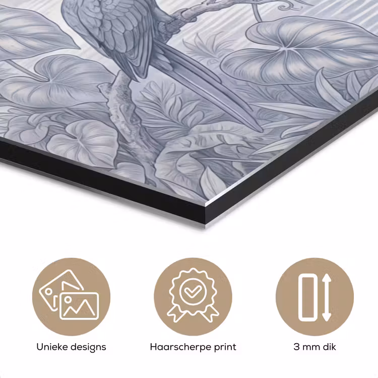 Vogel - Rivier - Tropisch - Illustratie - Blauw aluminium wit klein -closeup_NL