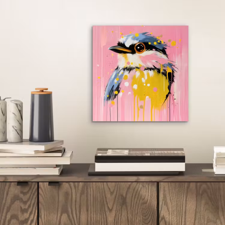 Vogel - Roze - Geel - Blauw aluminium wit klein -sfeer1