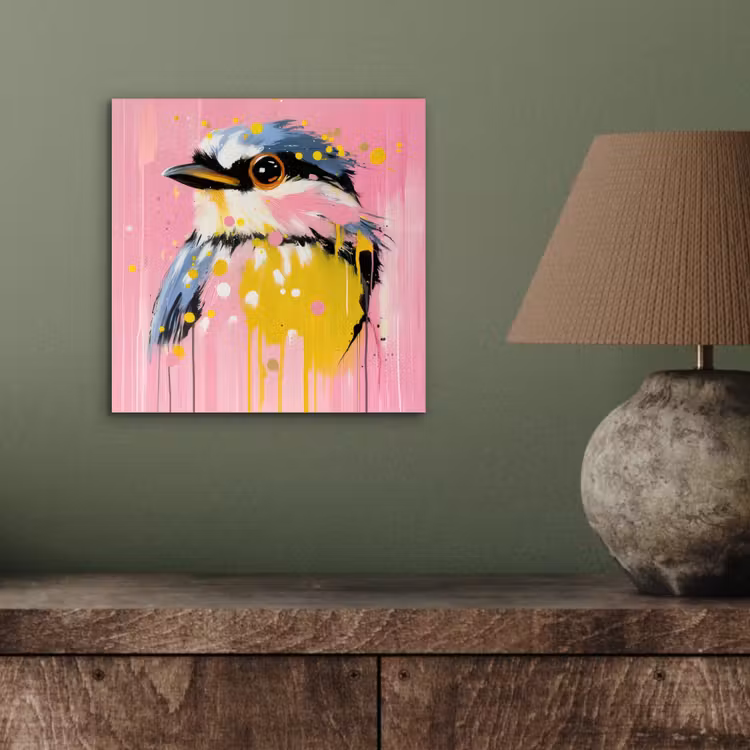 Vogel - Roze - Geel - Blauw aluminium wit klein -sfeer2