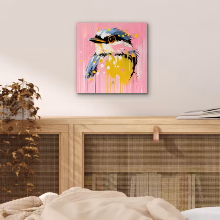 Vogel - Roze - Geel - Blauw aluminium wit klein -sfeer3