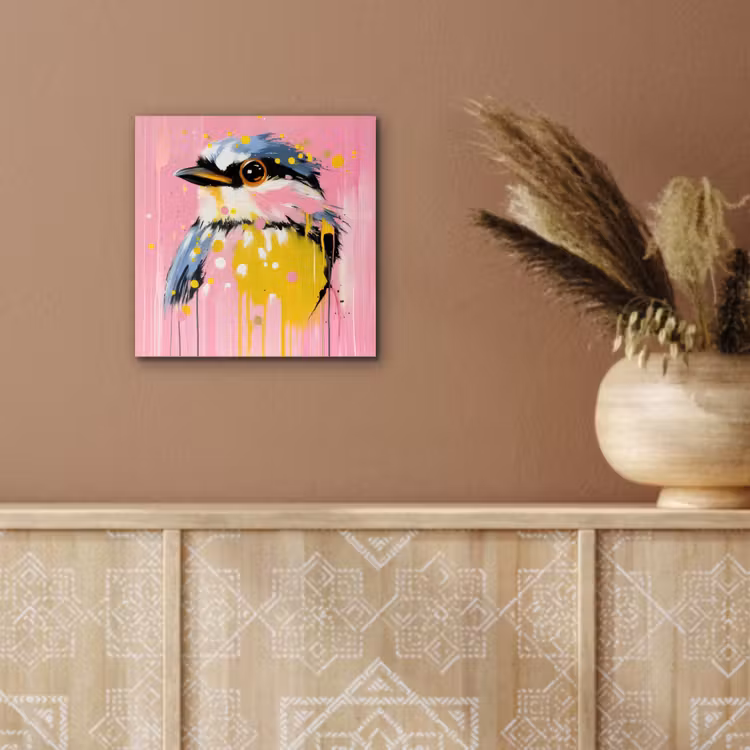 Vogel - Roze - Geel - Blauw aluminium wit klein -sfeer4