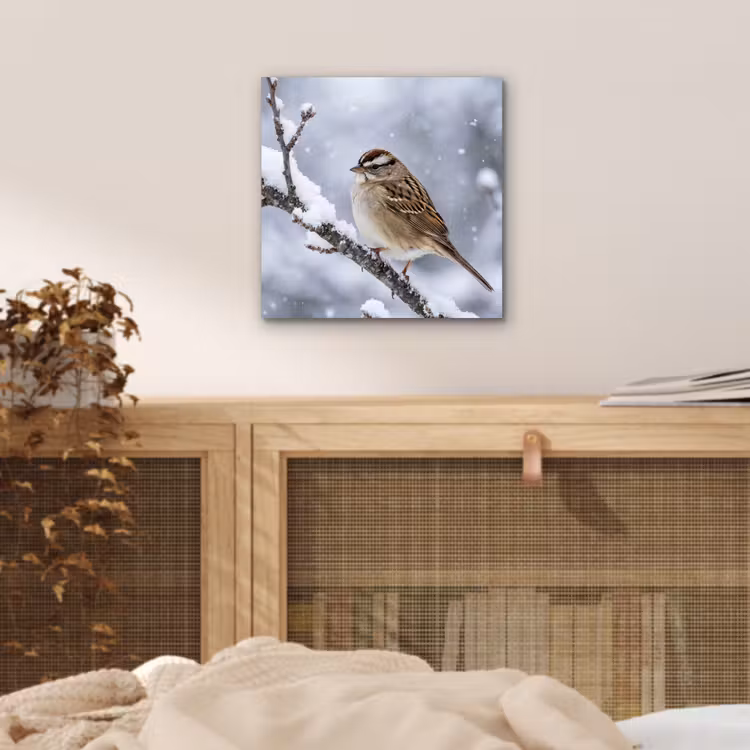 Vogel - Tak - Sneeuw - Winter aluminium wit klein -sfeer3