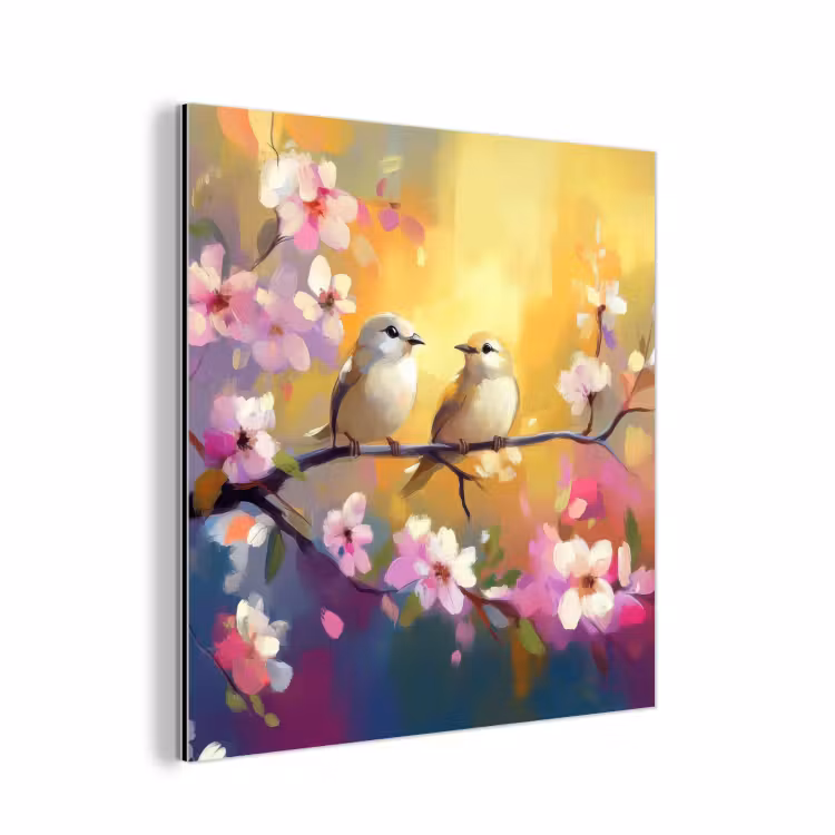 Vogels - Bloemen - Roze aluminium wit klein -3d