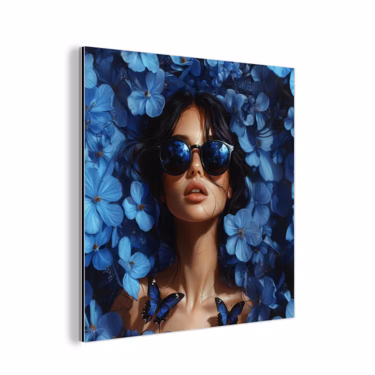Vrouw - Blauw - Bloemen - Vlinders - Natuur aluminium wit klein -3d