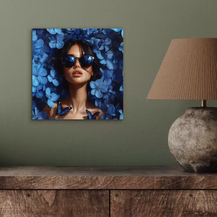 Vrouw - Blauw - Bloemen - Vlinders - Natuur aluminium wit klein -sfeer2