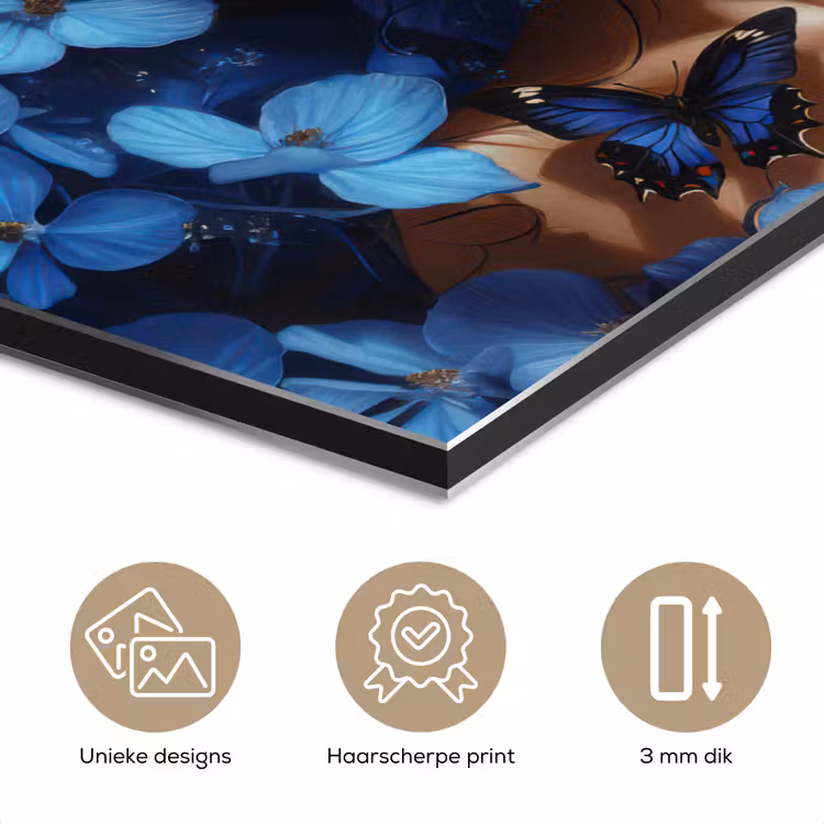 Vrouw - Blauw - Bloemen - Vlinders - Natuur aluminium wit klein -closeup_NL