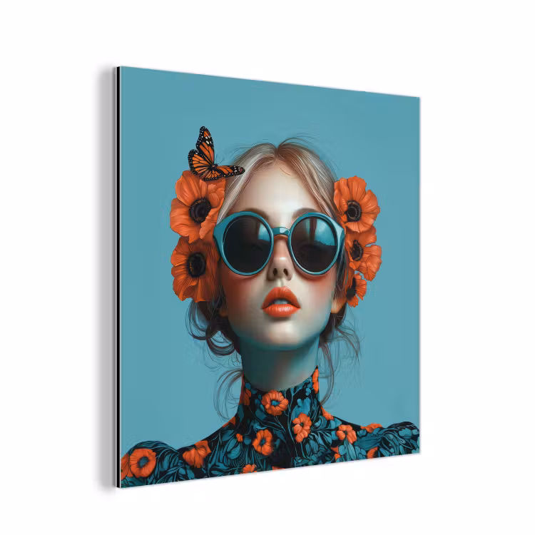 Vrouw - Blauw - Vlinder - Bloemen - Aesthetic aluminium wit klein -3d