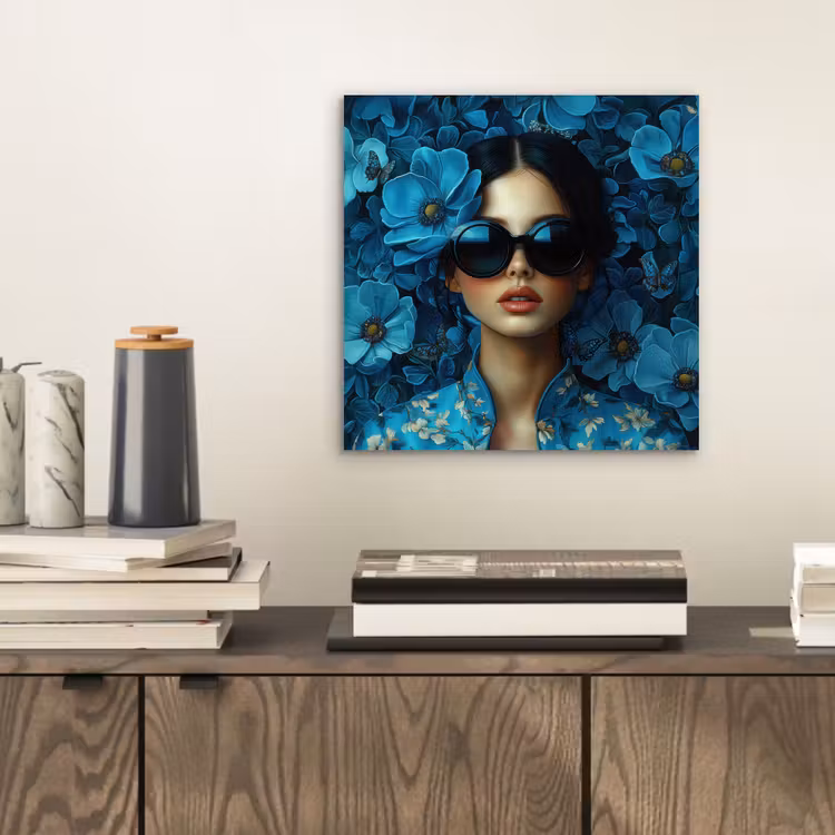 Vrouw - Bloemen - Blauw - Aesthetic - Luxe aluminium wit klein -sfeer1