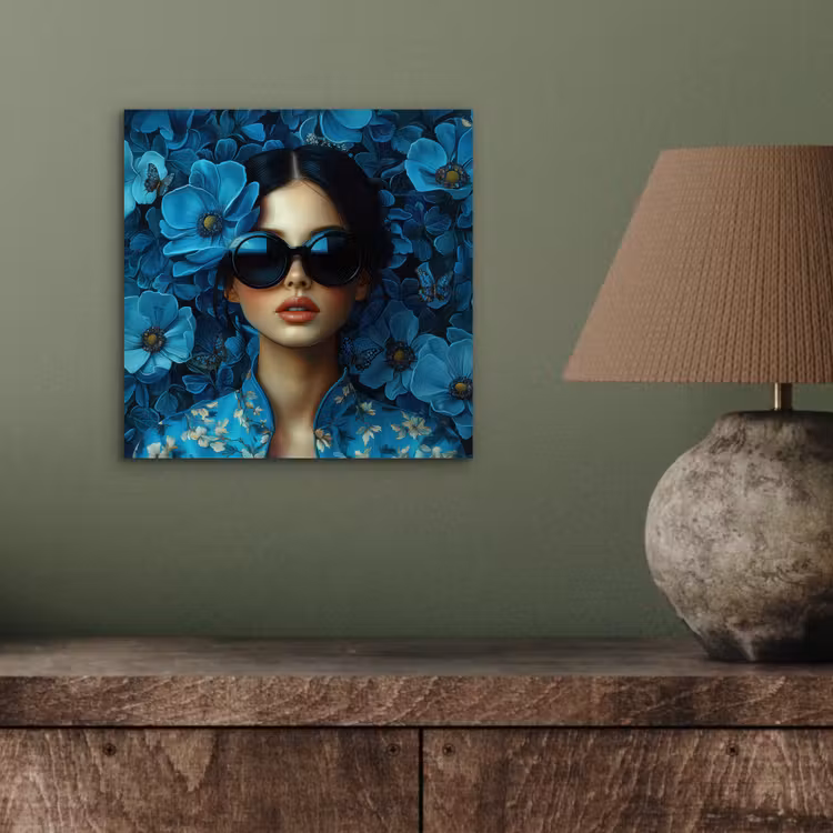 Vrouw - Bloemen - Blauw - Aesthetic - Luxe aluminium wit klein -sfeer2