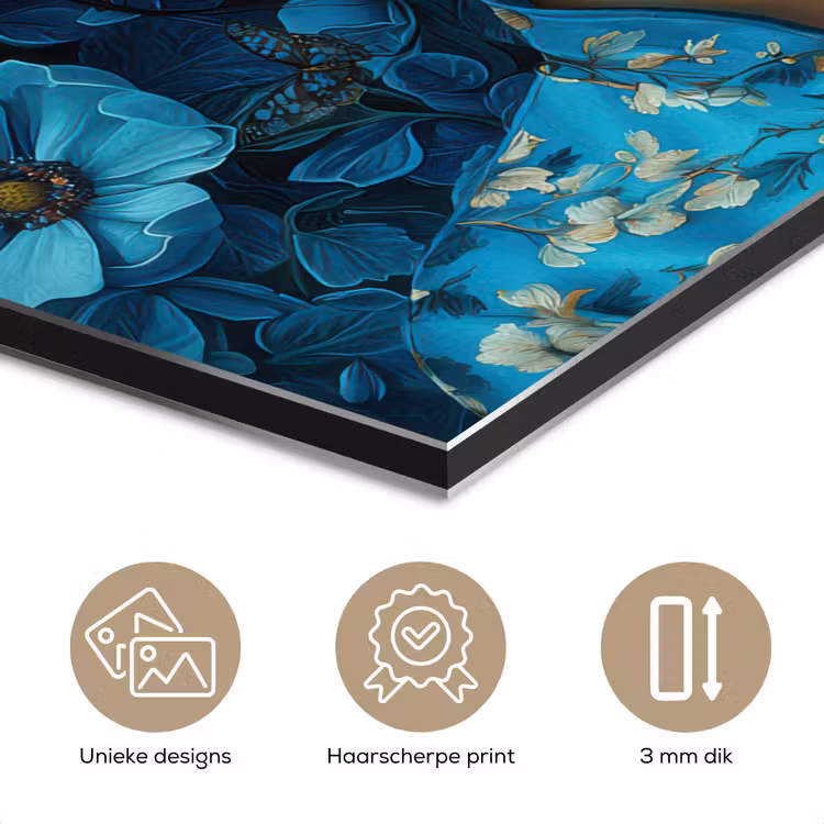 Vrouw - Bloemen - Blauw - Aesthetic - Luxe aluminium wit klein -closeup_NL