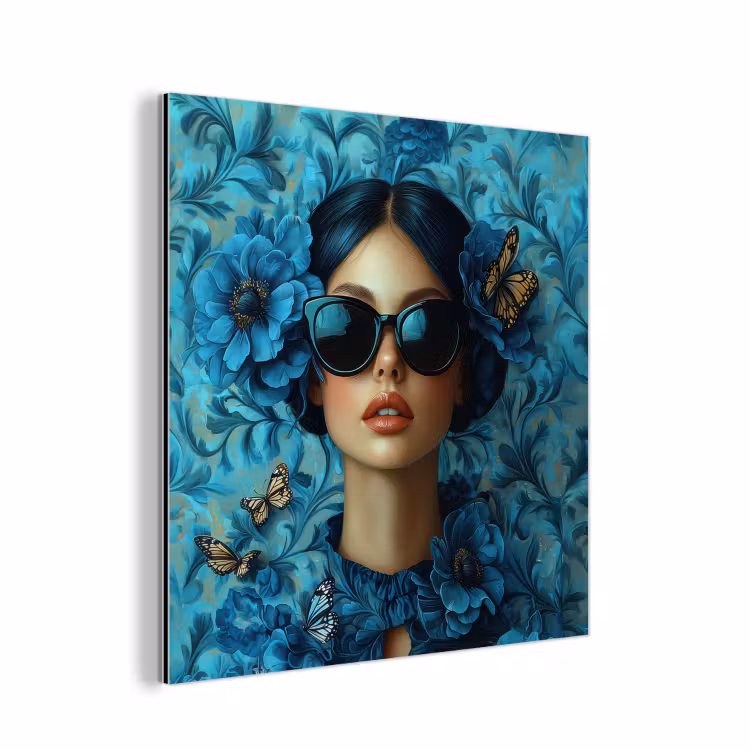 Vrouw - Bloemen - Vlinders - Blauw - Abstract aluminium wit klein -3d