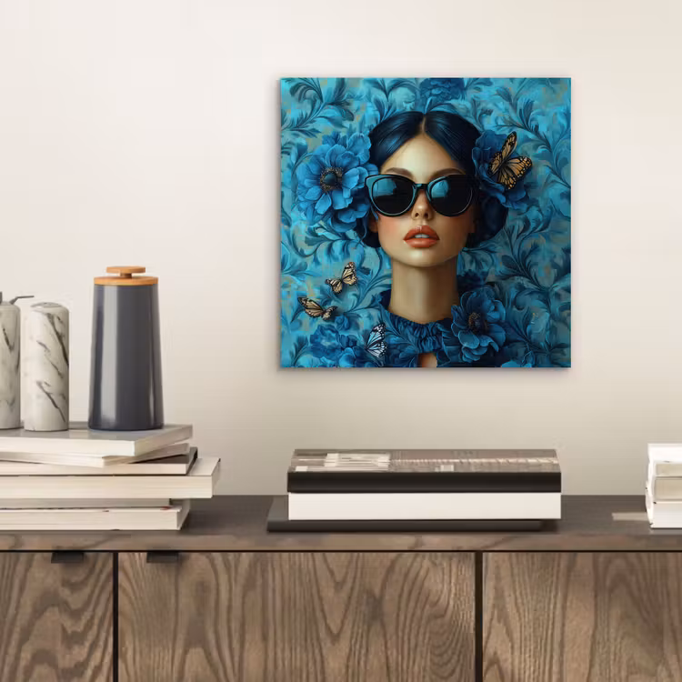 Vrouw - Bloemen - Vlinders - Blauw - Abstract aluminium wit klein -sfeer1
