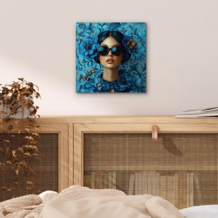 Vrouw - Bloemen - Vlinders - Blauw - Abstract aluminium wit klein -sfeer3