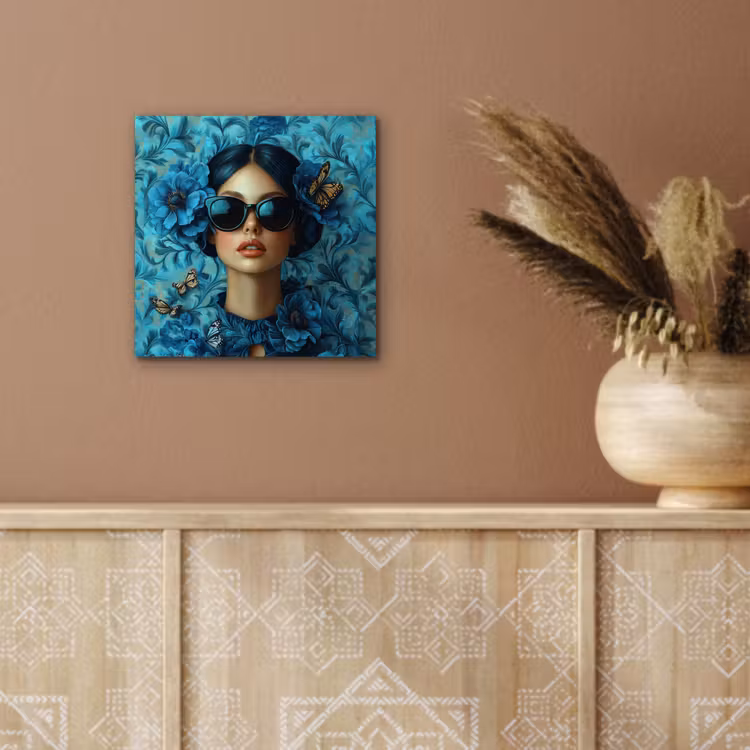 Vrouw - Bloemen - Vlinders - Blauw - Abstract aluminium wit klein -sfeer4