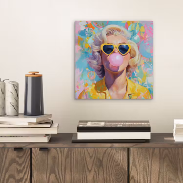 Vrouw - Blond - Roze kauwgom - Kleurrijk - Pastel aluminium wit klein -sfeer1