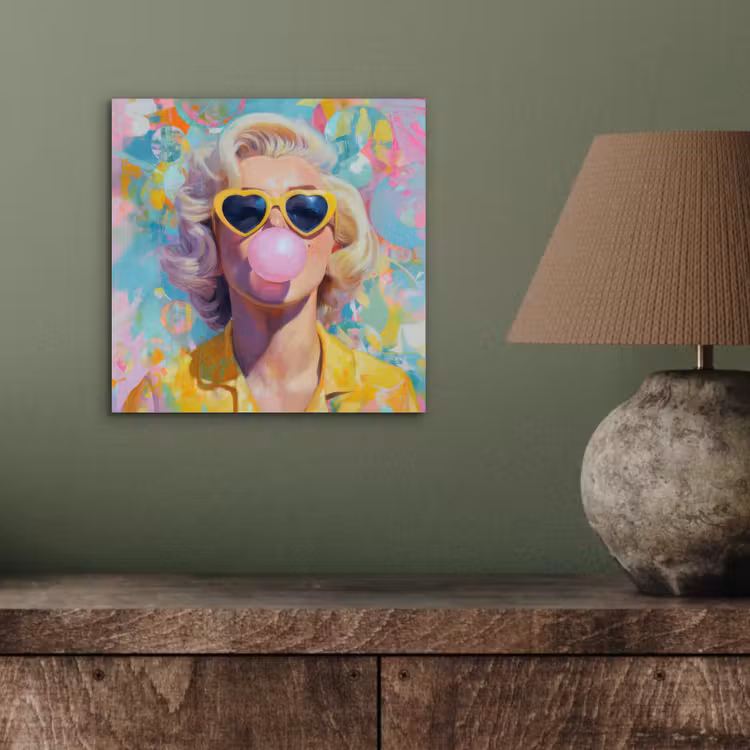 Vrouw - Blond - Roze kauwgom - Kleurrijk - Pastel aluminium wit klein -sfeer2