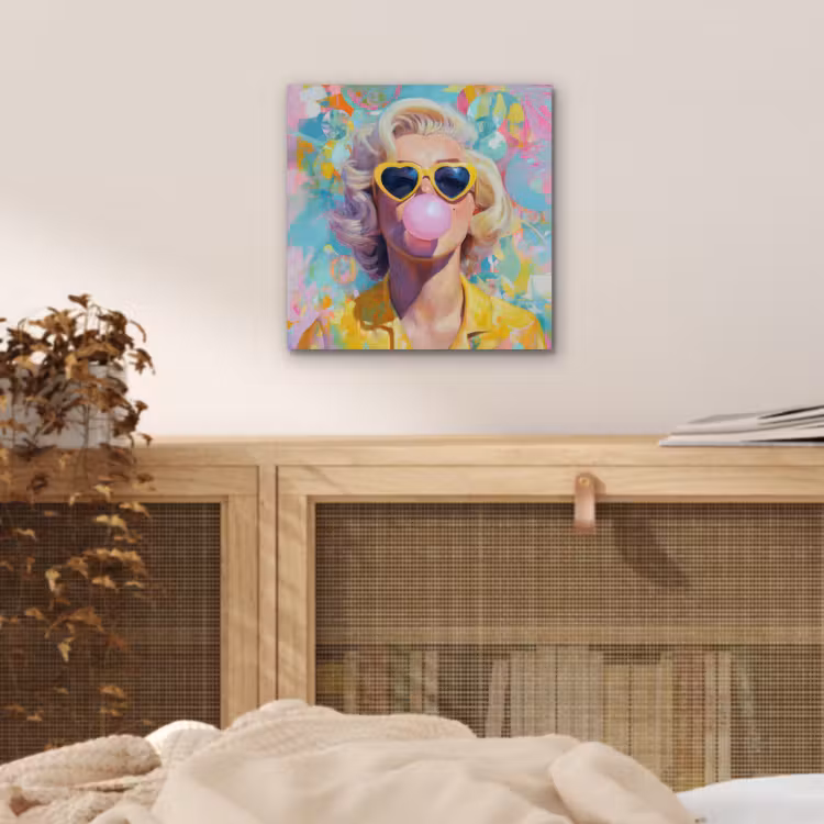 Vrouw - Blond - Roze kauwgom - Kleurrijk - Pastel aluminium wit klein -sfeer3