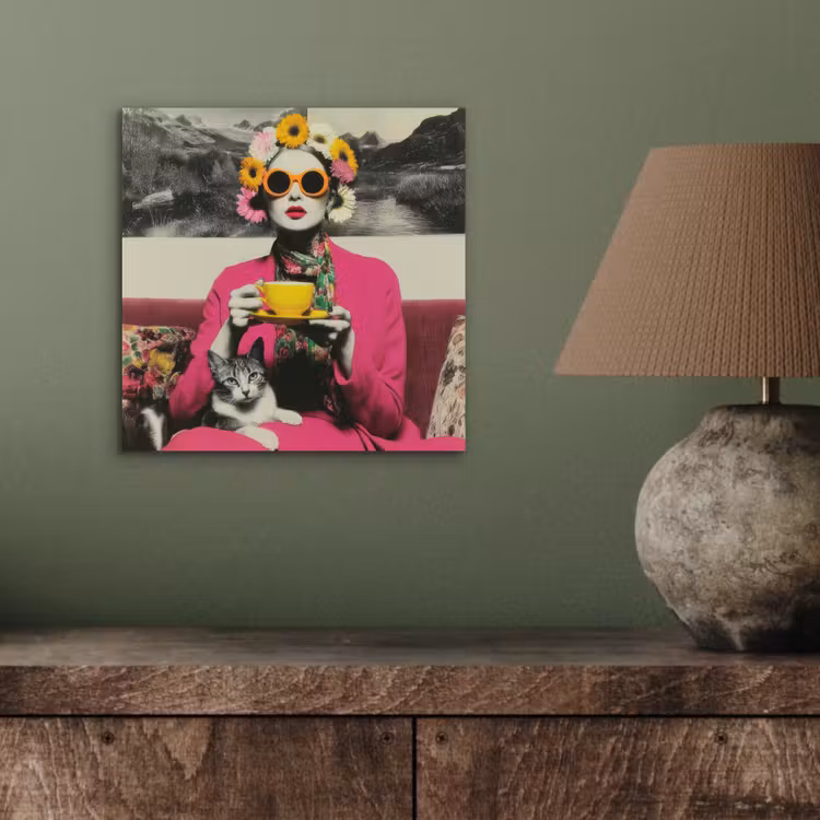 Vrouw - Kat - Bloemen - Kopje - Retro aluminium wit klein -sfeer2