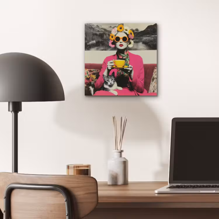 Vrouw - Kat - Bloemen - Kopje - Retro aluminium wit klein -sfeer5
