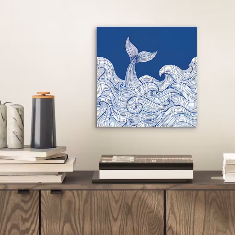 Walvis - Staart - Golven - Lijntekening - Blauw aluminium wit klein -sfeer1