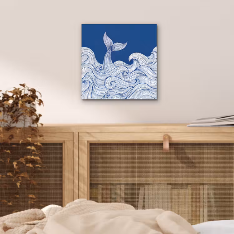 Walvis - Staart - Golven - Lijntekening - Blauw aluminium wit klein -sfeer3