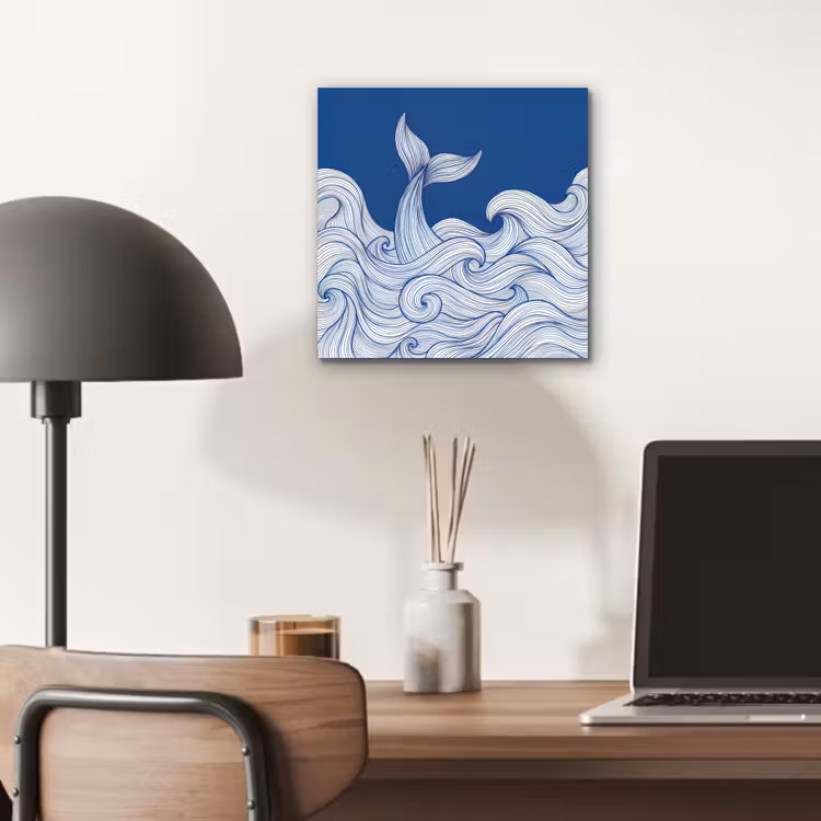 Walvis - Staart - Golven - Lijntekening - Blauw aluminium wit klein -sfeer5