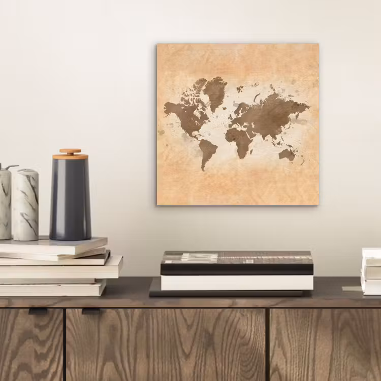 Wereldkaart - Beige - Bruin aluminium wit klein -sfeer1