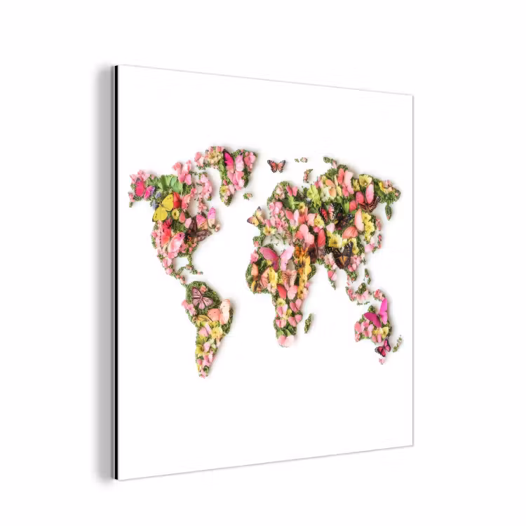 Wereldkaart - Bloemen - Felgekleurd aluminium wit klein -3d