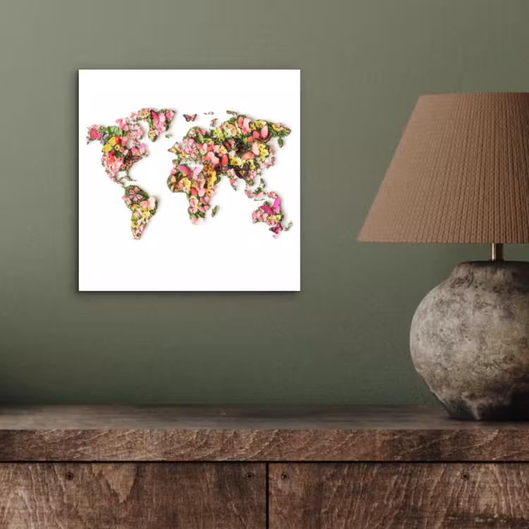 Wereldkaart - Bloemen - Felgekleurd aluminium wit klein -sfeer2