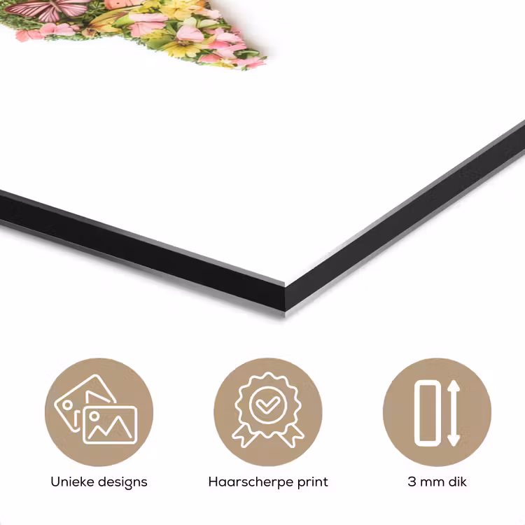 Wereldkaart - Bloemen - Felgekleurd aluminium wit klein -closeup_NL
