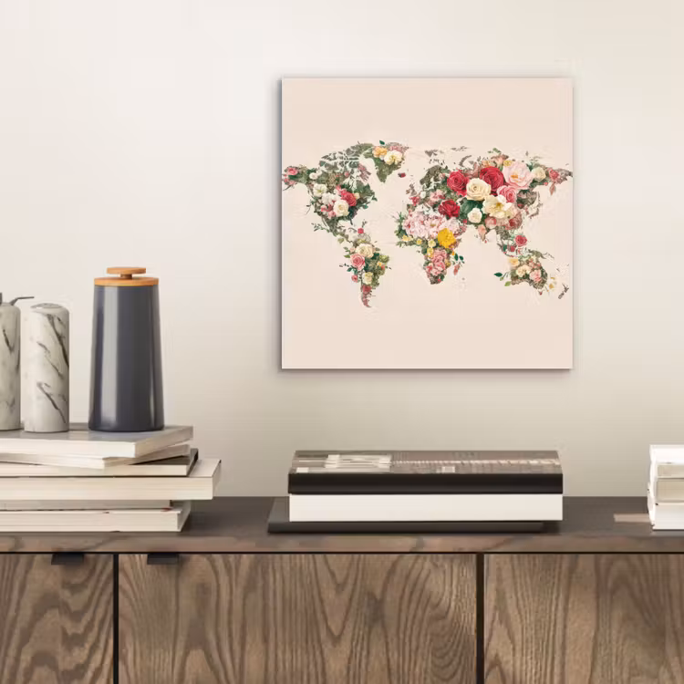 Wereldkaart - Bloemen - Roze aluminium wit klein -sfeer1