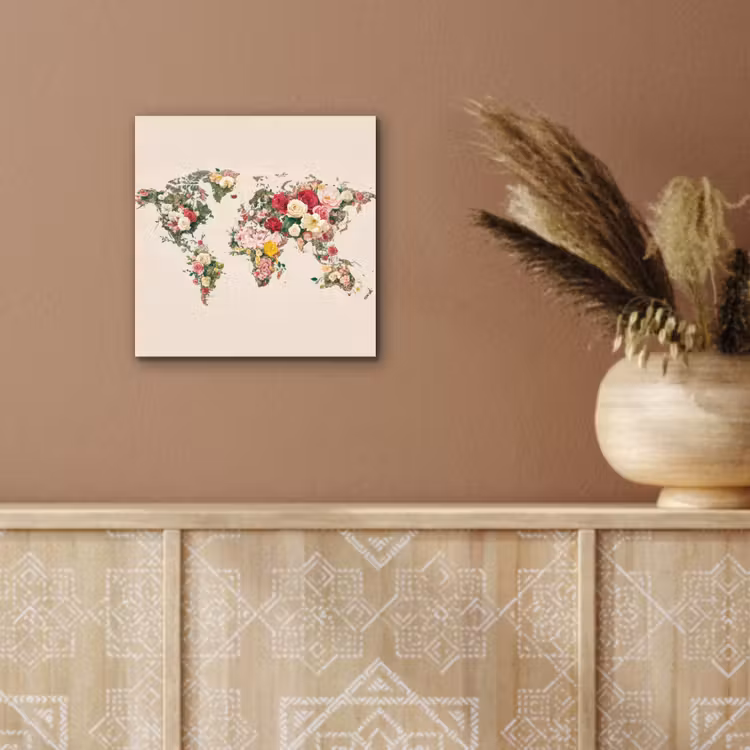 Wereldkaart - Bloemen - Roze aluminium wit klein -sfeer4