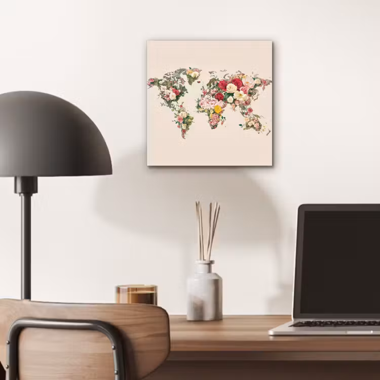 Wereldkaart - Bloemen - Roze aluminium wit klein -sfeer5