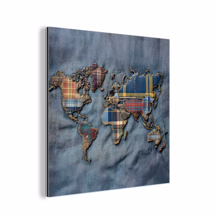 Wereldkaart - Denim - Textiel aluminium wit klein -3d