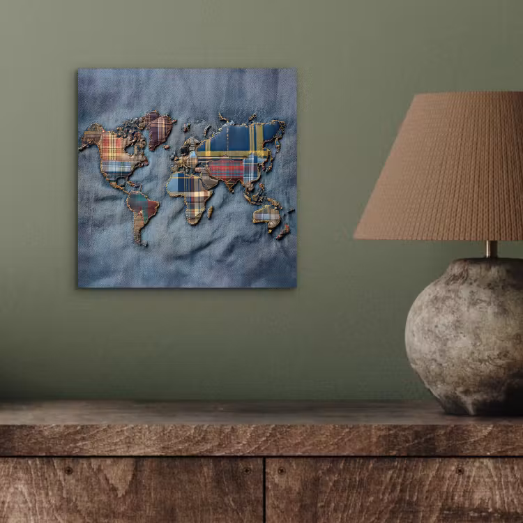 Wereldkaart - Denim - Textiel aluminium wit klein -sfeer2