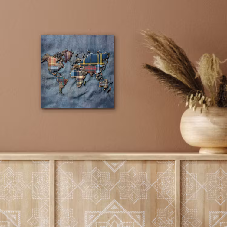 Wereldkaart - Denim - Textiel aluminium wit klein -sfeer4