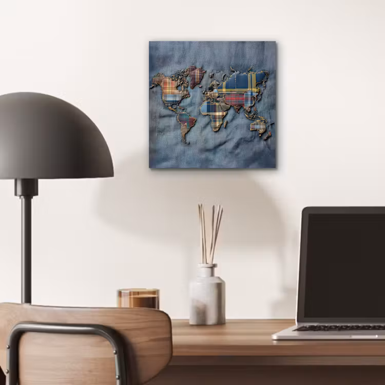 Wereldkaart - Denim - Textiel aluminium wit klein -sfeer5