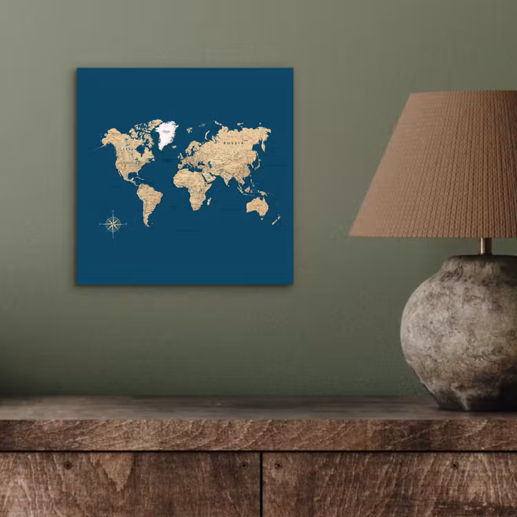 Wereldkaart - Donkerblauw - Beige aluminium wit klein -sfeer2