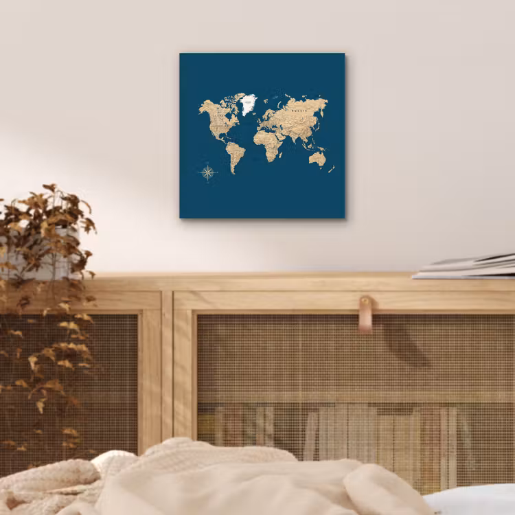 Wereldkaart - Donkerblauw - Beige aluminium wit klein -sfeer3