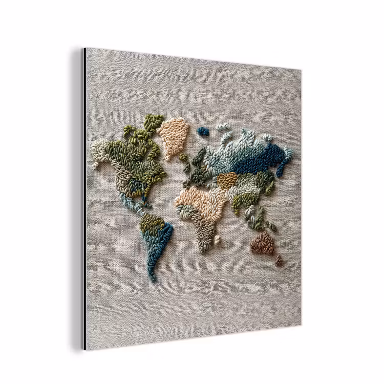 Wereldkaart - Geborduurd - Aardetinten aluminium wit klein -3d
