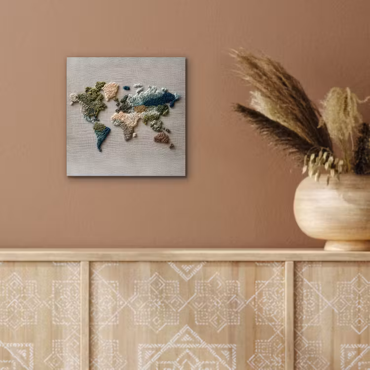 Wereldkaart - Geborduurd - Aardetinten aluminium wit klein -sfeer4