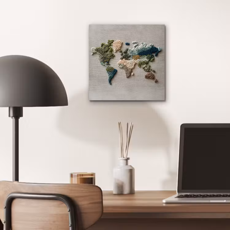 Wereldkaart - Geborduurd - Aardetinten aluminium wit klein -sfeer5