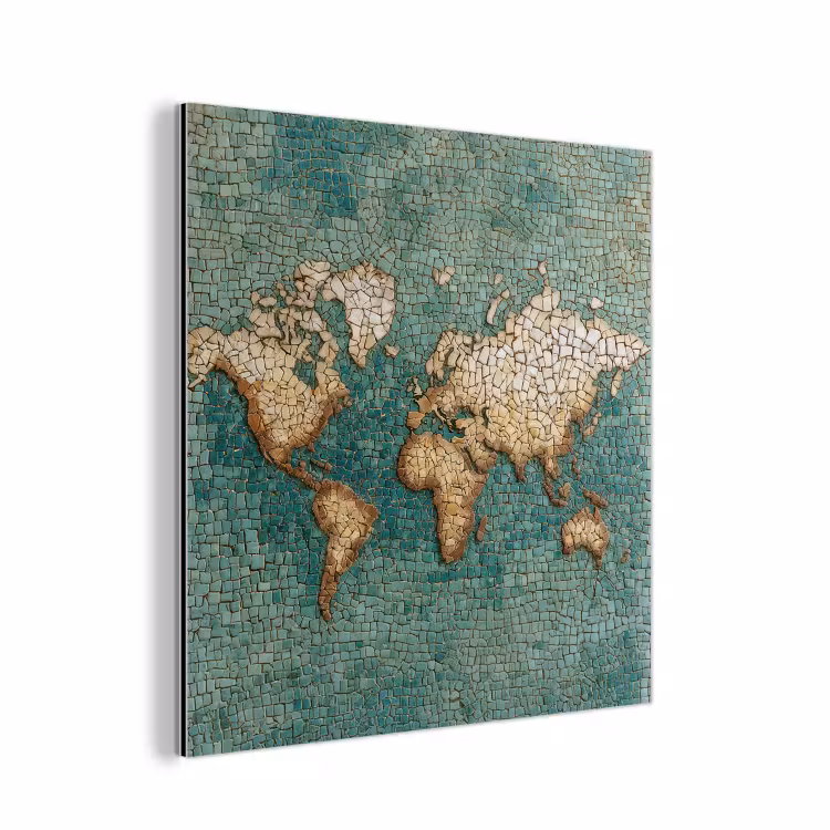 Wereldkaart - Gebroken tegels - Mozaïek aluminium wit klein -3d