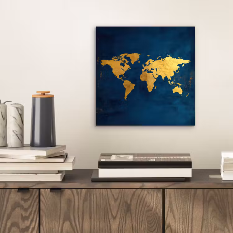 Wereldkaart - Goud - Donkerblauw aluminium wit klein -sfeer1