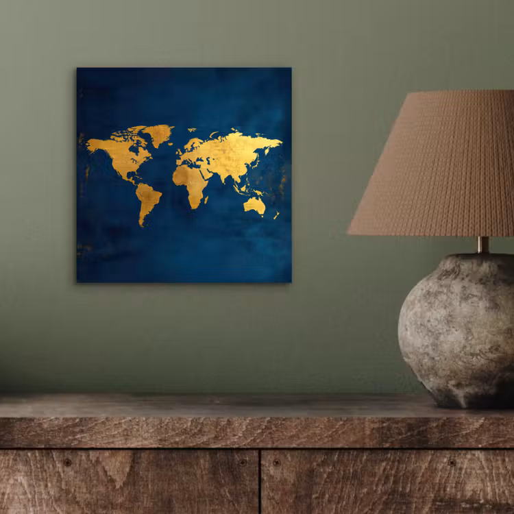 Wereldkaart - Goud - Donkerblauw aluminium wit klein -sfeer2